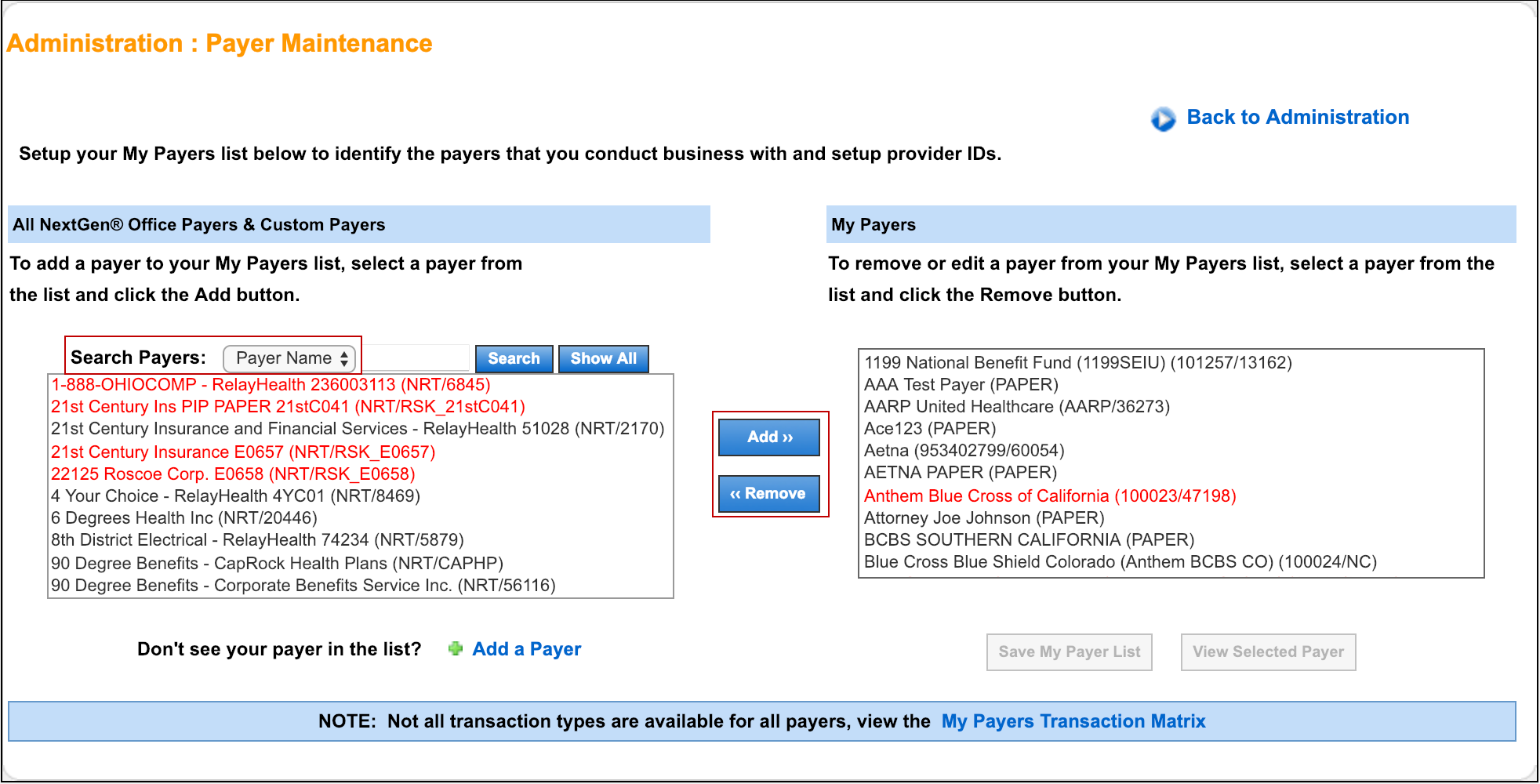 Administration: Payer Maintenance - Electronic Payers