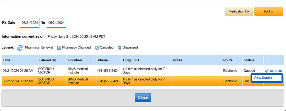 Prescription Transaction History (Rx Hx)