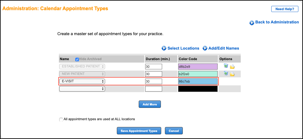 Add E-visit Appointment Types