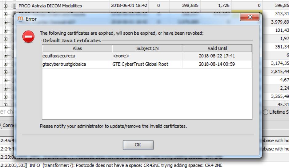 Certificate Expiration Warning in Mirth Connect for Java Truststore